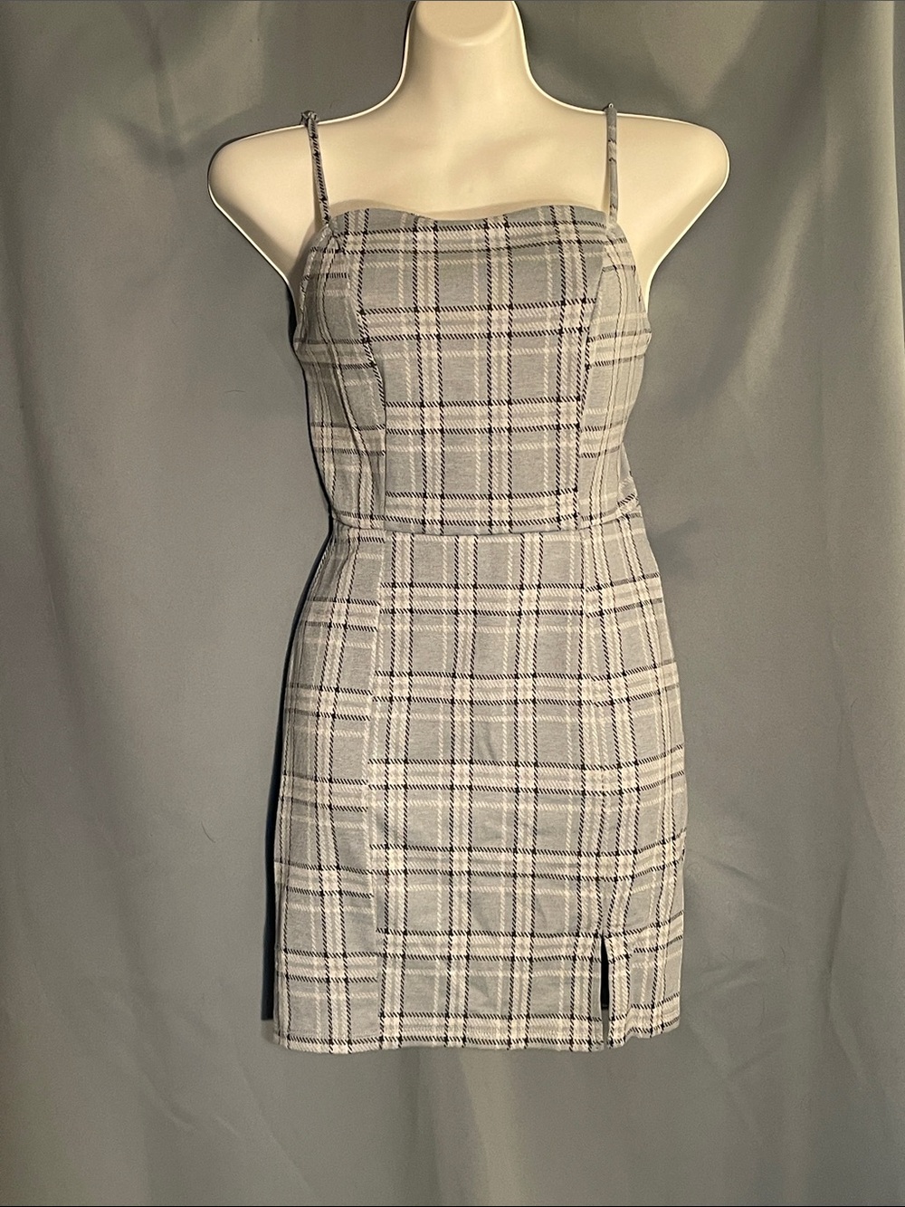 Ultra Flirt Grey Plaid Spaghetti-Strap Mini Dress